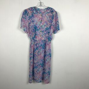 Vintage 1980s Secretary Dress Size M Floral Multicolor Semi Sheer Short Sleeve